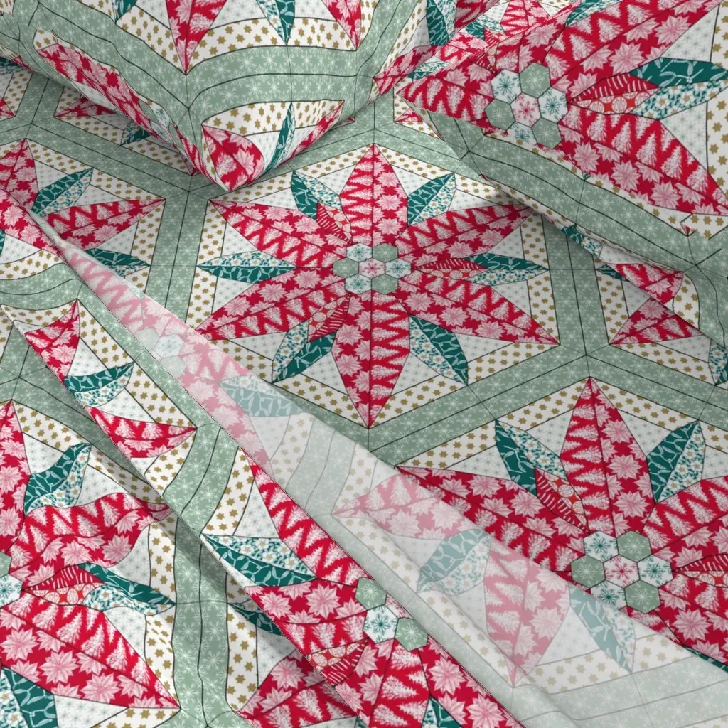 Poinsettia Star Cheater Quilt King Size Sheet Set - Red alternate view