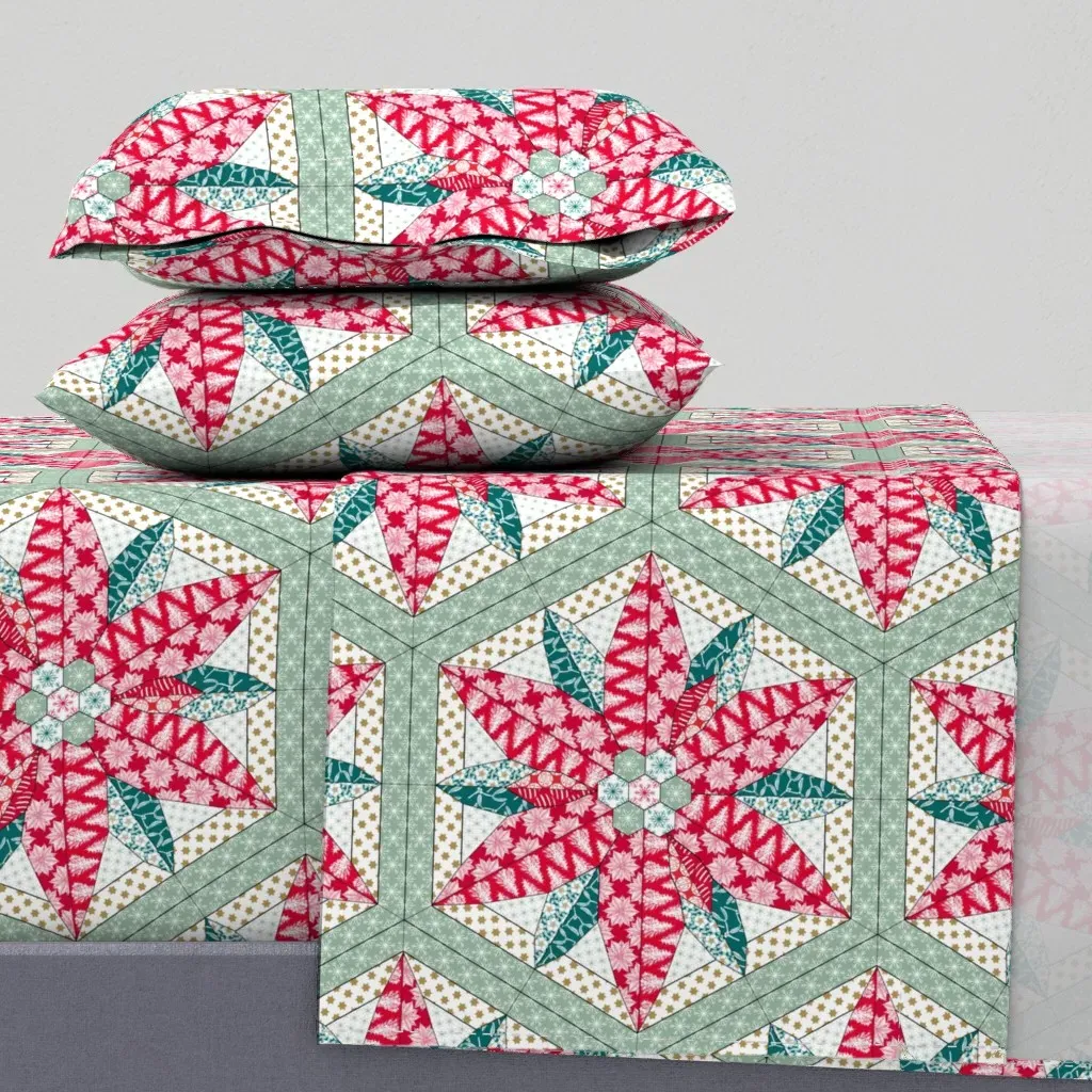 Poinsettia Star Cheater Quilt King Size Sheet Set - Red product
