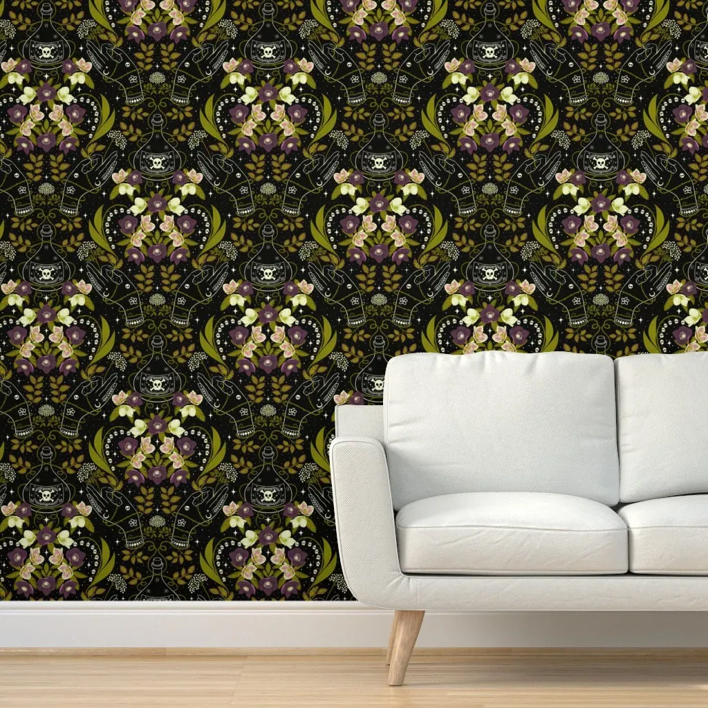 Poisonous Hell-Ebore Damask Peel and Stick Wallpaper - Dark Green product