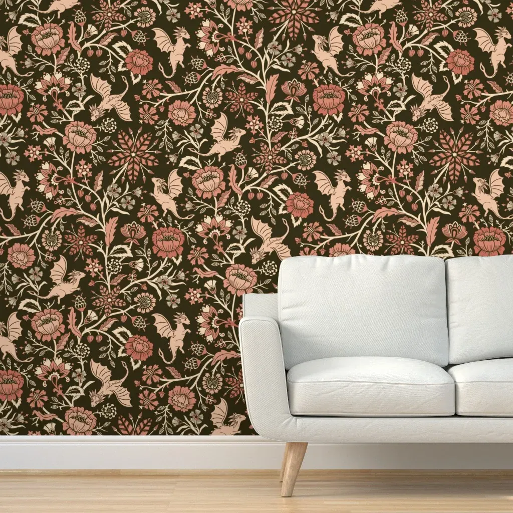 Pollinator Dragons Fantasy Floral Peel and Stick Wallpaper - Dusty Rose product