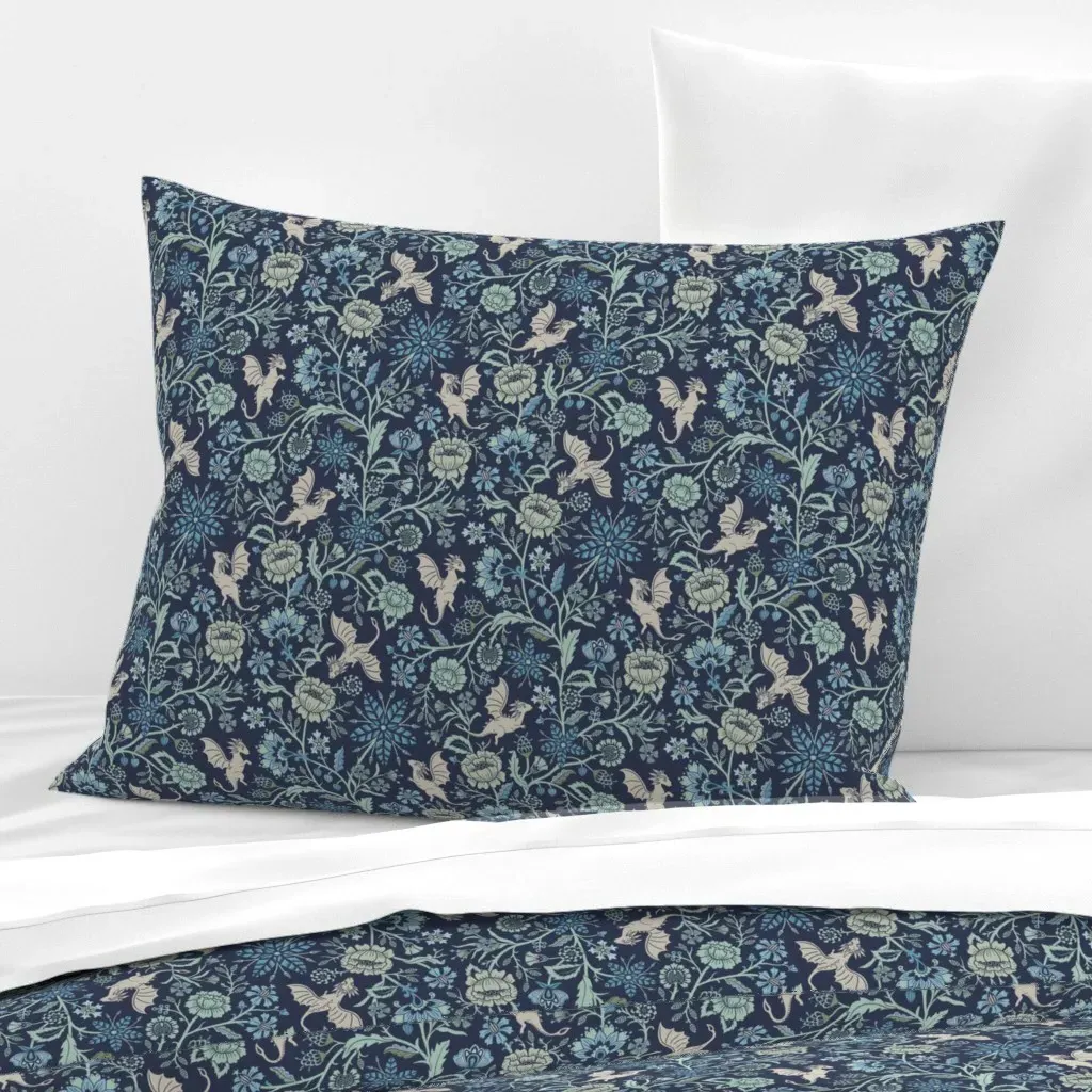 Pollinator Dragons Floral Fantasy Standard Pillow - Navy Blue, Cotton Sateen product