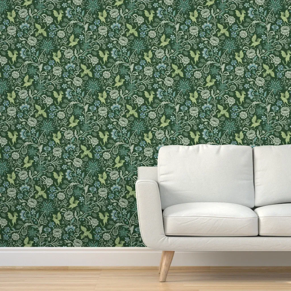 Pollinator Dragons Floral Goth Peel and Stick Wallpaper - Emerald Green product