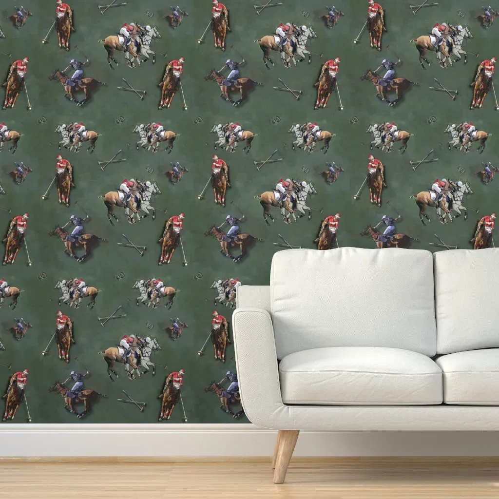 Polo Players On Green Peel and Stick Wallpaper - Brown product