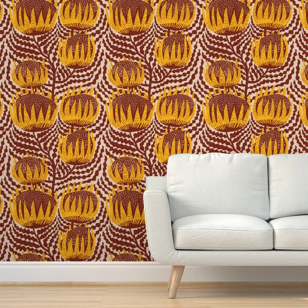 Pompom Protea Peel and Stick Wallpaper - Mustard Yellow, White product