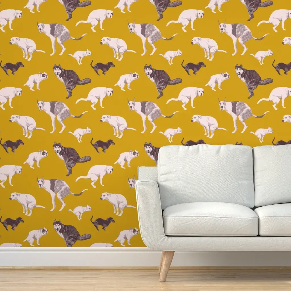 Pooping Dogs Peel and Stick Wallpaper - Mustard Yellow product