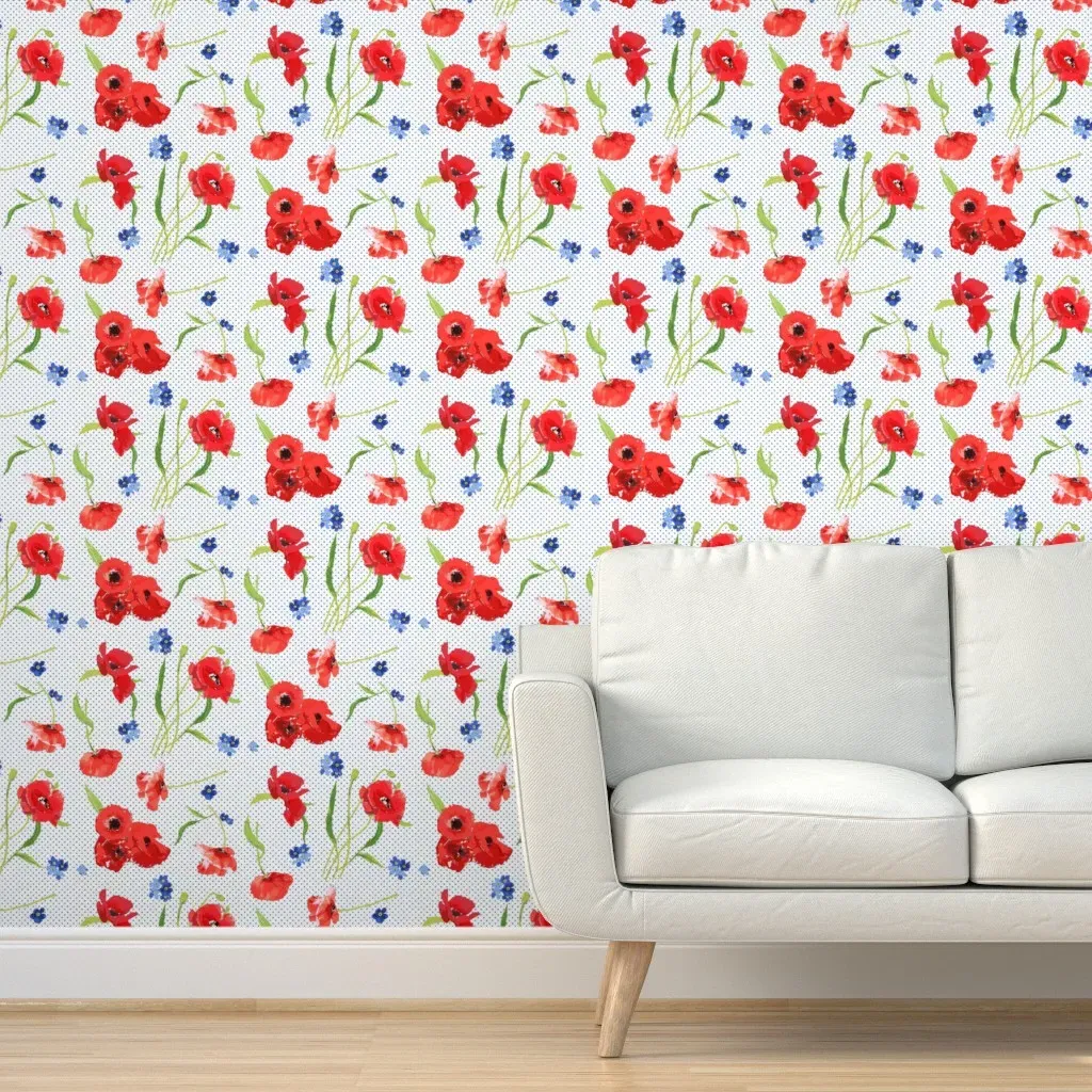 Poppies and Forget-Me-Not Peel and Stick Wallpaper - Red product
