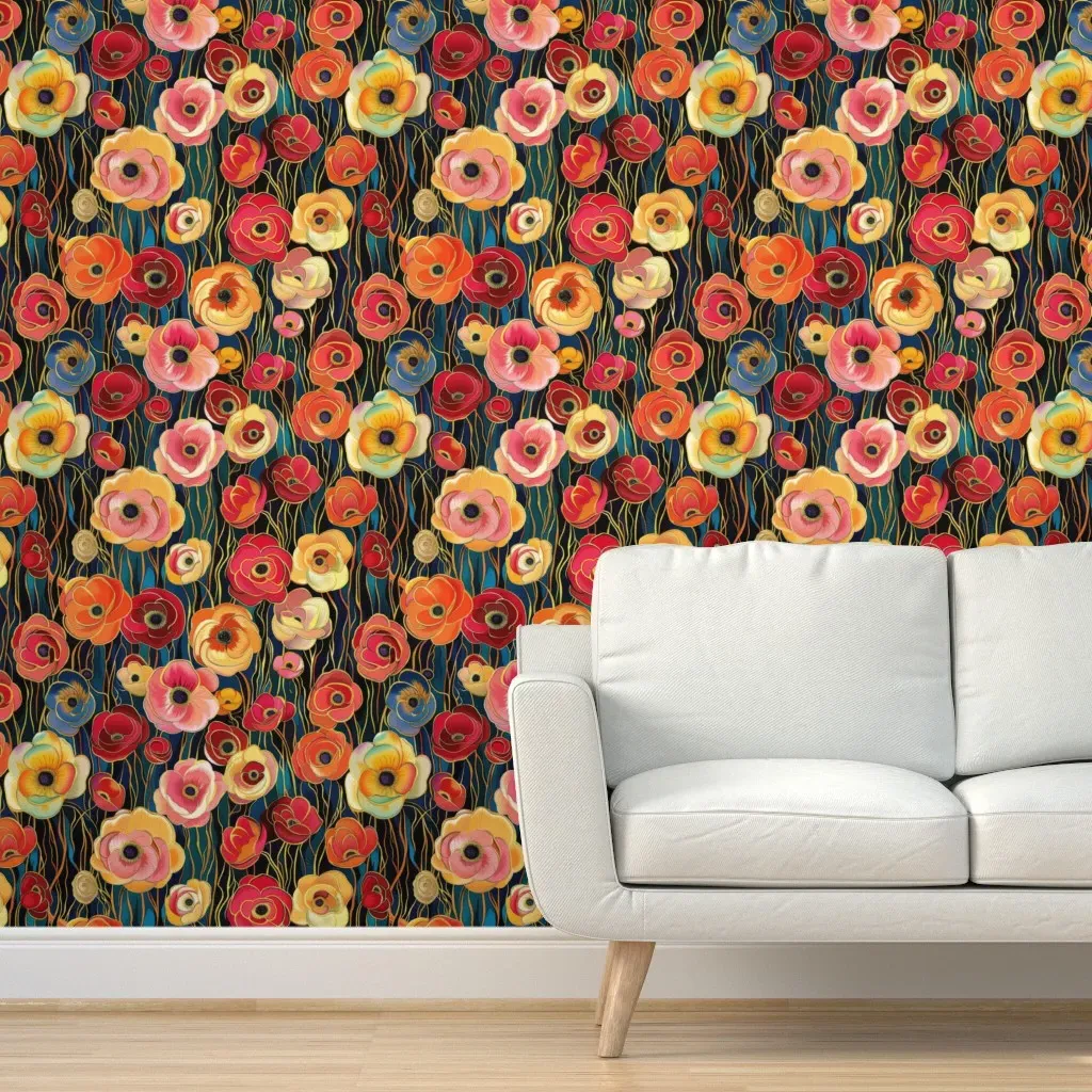 Poppies Art Nouveau Peel and Stick Wallpaper - Red product