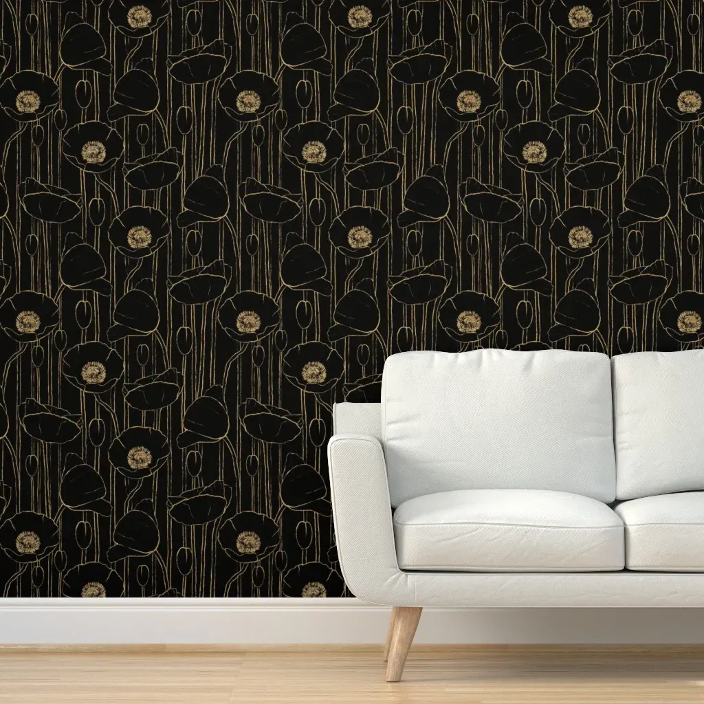 Poppies Floral Peel and Stick Wallpaper - Black, Gold product