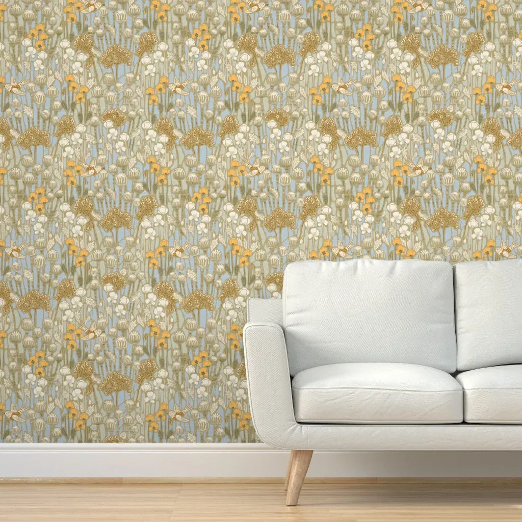 Poppy Field With Birds Peel and Stick Wallpaper - Beige product