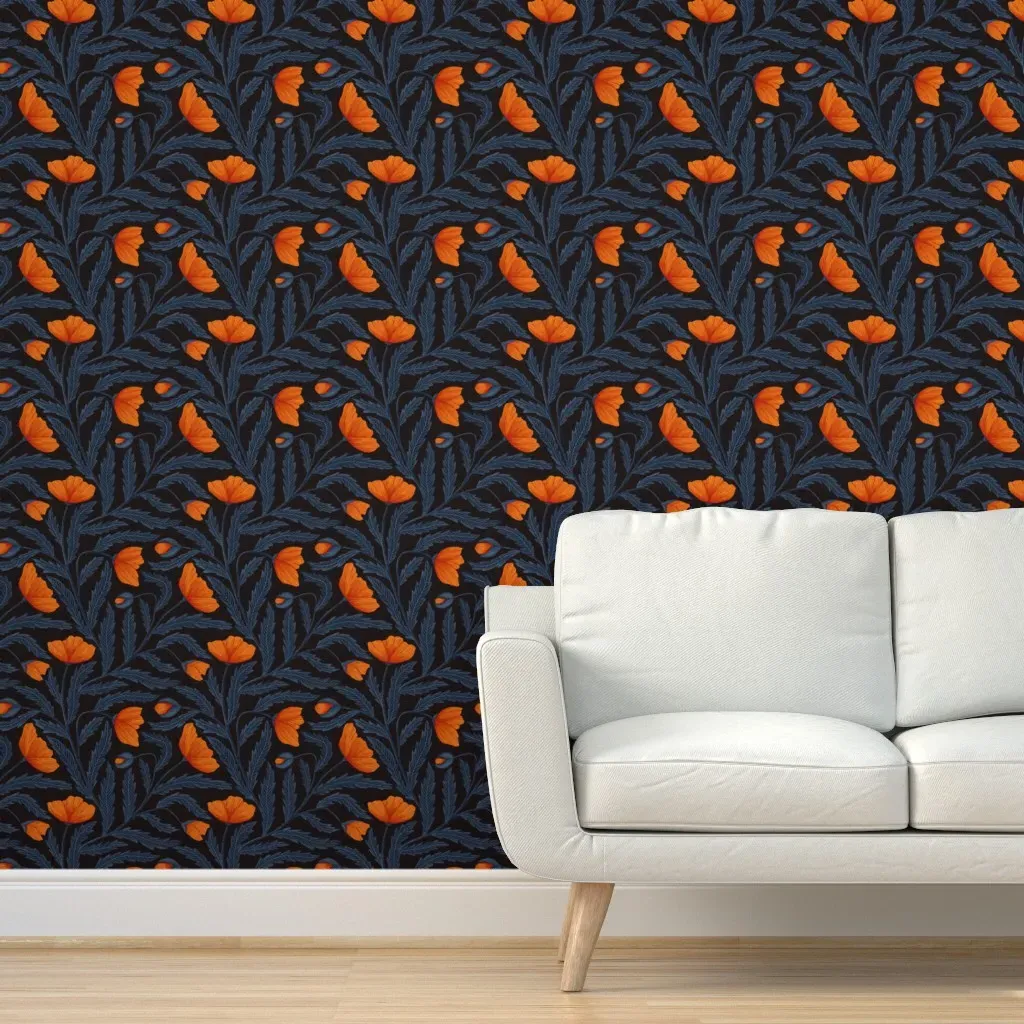 Poppy Flower Peel and Stick Wallpaper - Blue, Orange on Black product