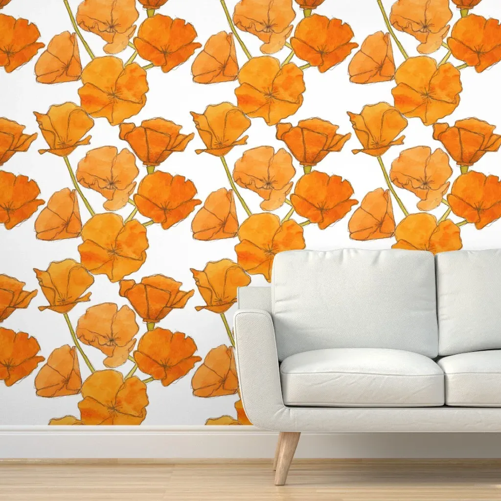 Poppy Pattern Peel and Stick Wallpaper - Orange, White product