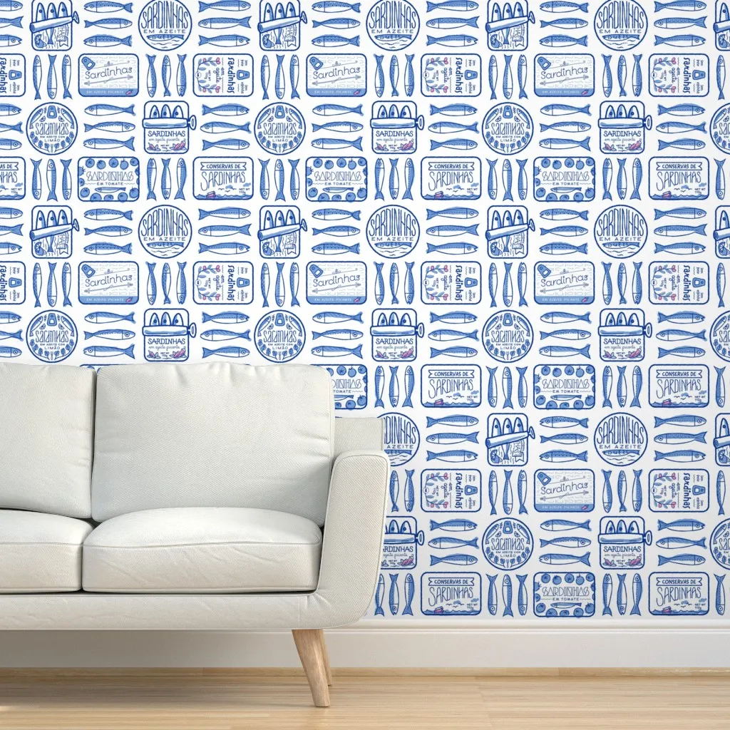 Portuguese Sardinhas Sardine Cans Peel and Stick Wallpaper - Blue, White product