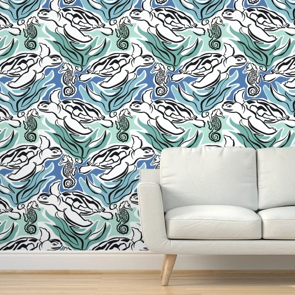 Pp21000 Sea Turtle Sea Horse Peel and Stick Wallpaper - Black product
