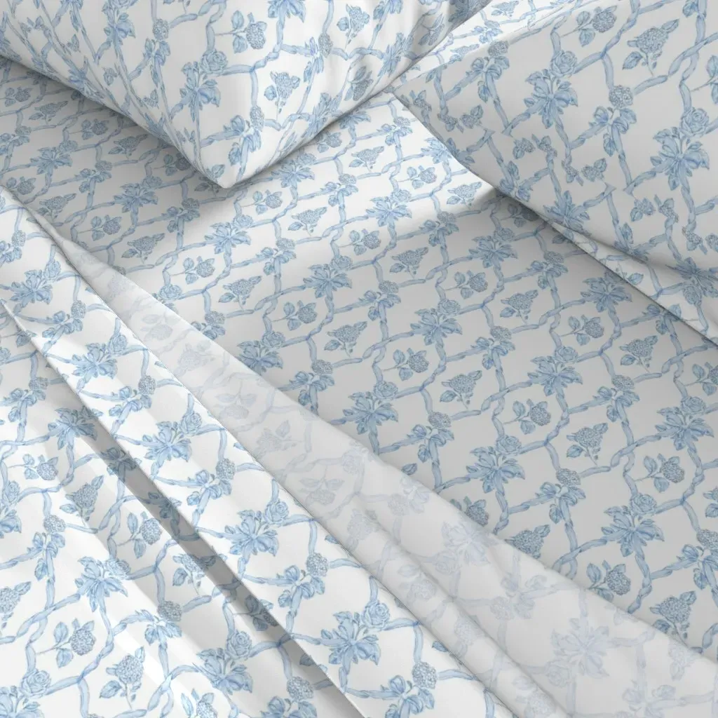 Preppy Blue Bows Roses Hydrangeas Coquette Chinoiserie Floral Queen Sheet Set - Light Blue alternate view
