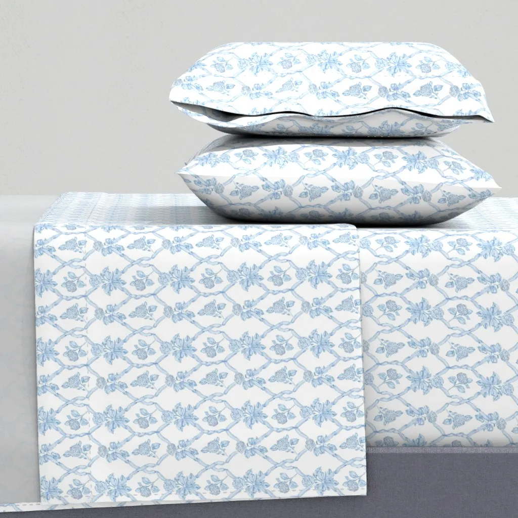 Preppy Blue Bows Roses Hydrangeas Coquette Chinoiserie Floral Queen Sheet Set - Light Blue product
