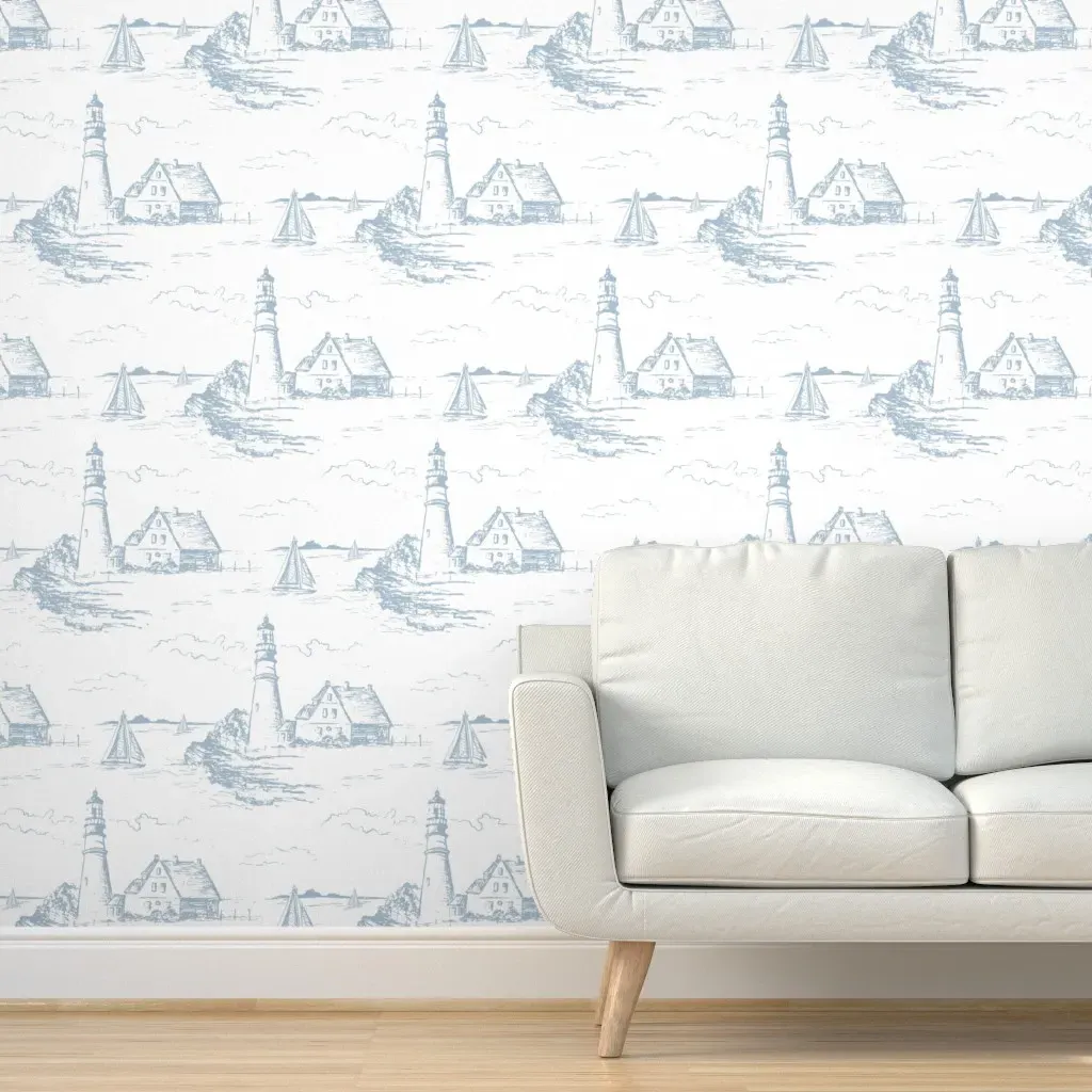 Preppy Coastal Toile De Jouy Peel and Stick Wallpaper - Sea Blue, White product
