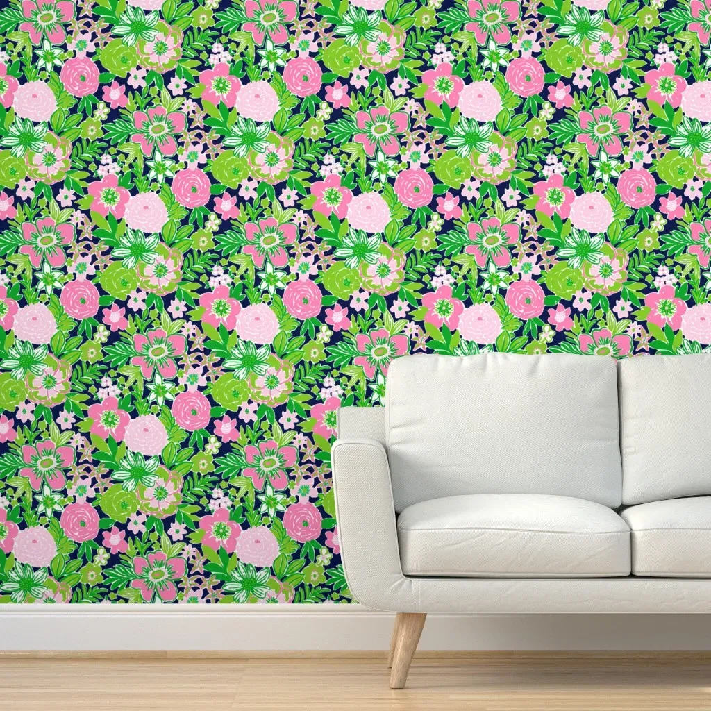 Preppy Flowers Peel and Stick Wallpaper - Navy, Pink & Green product