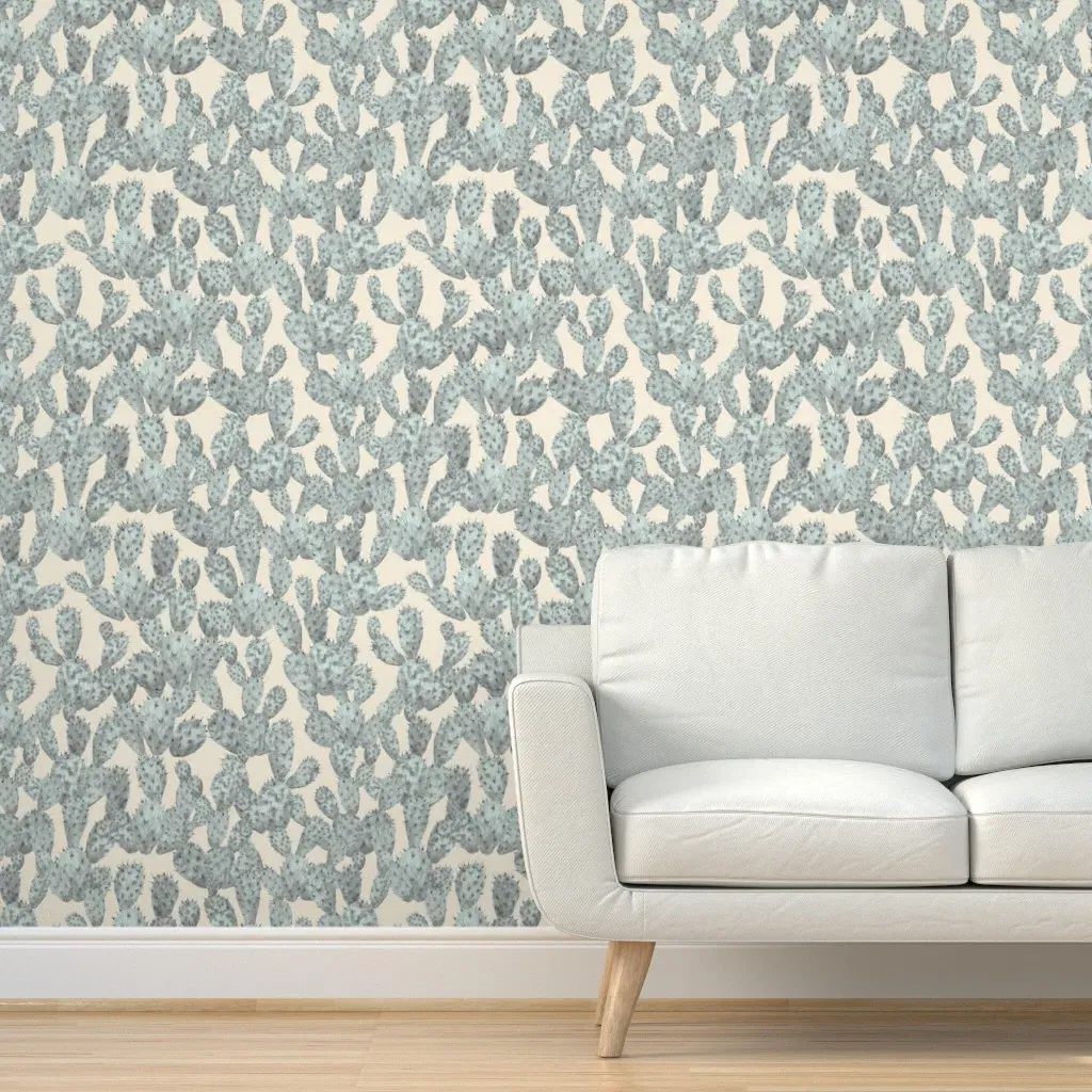 Prickly Pear Opuntia Cactus Peel and Stick Wallpaper - Dusty Blue product