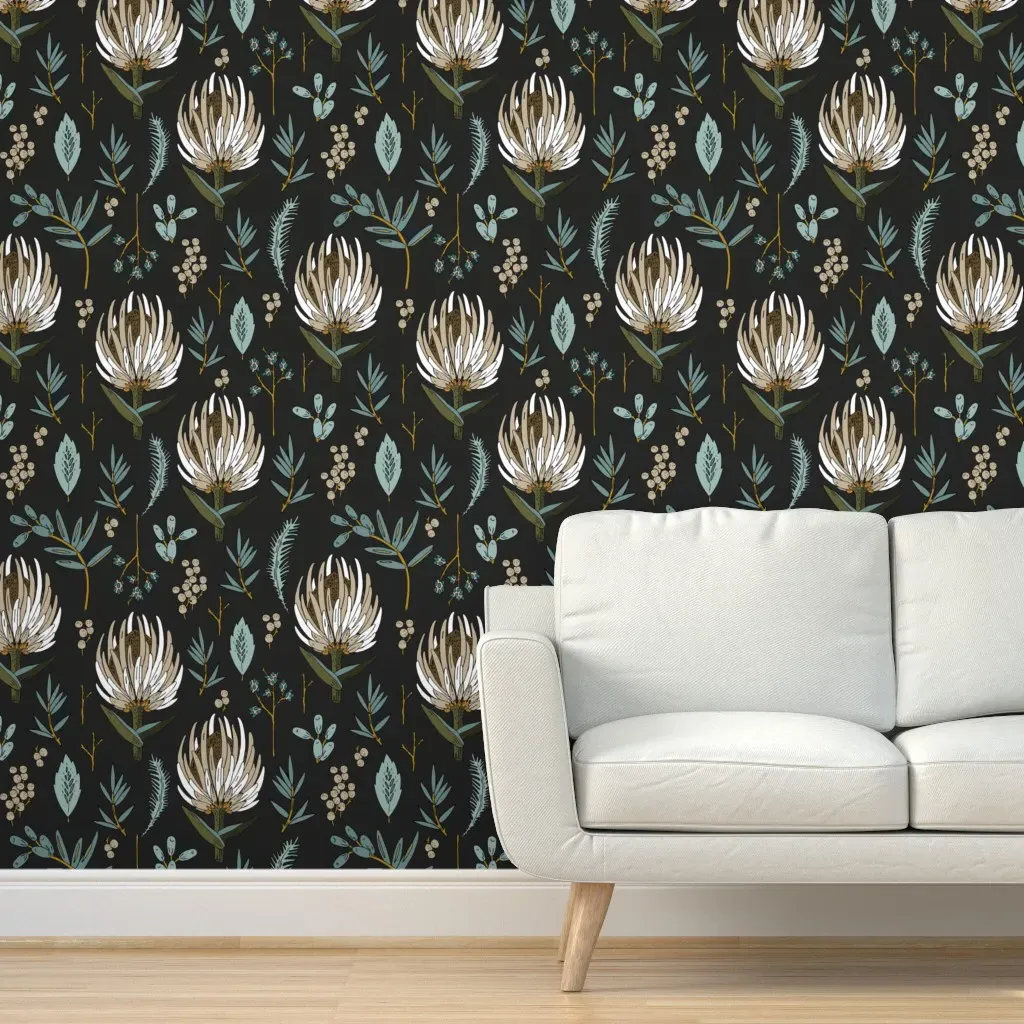 Protea Teal Peel and Stick Wallpaper - Black, White product