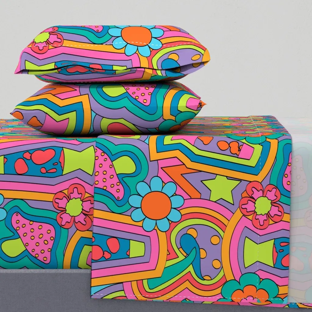 Psychedelic 60's Nostalgia Neon Rainbow Queen Sheet Set - Pink product