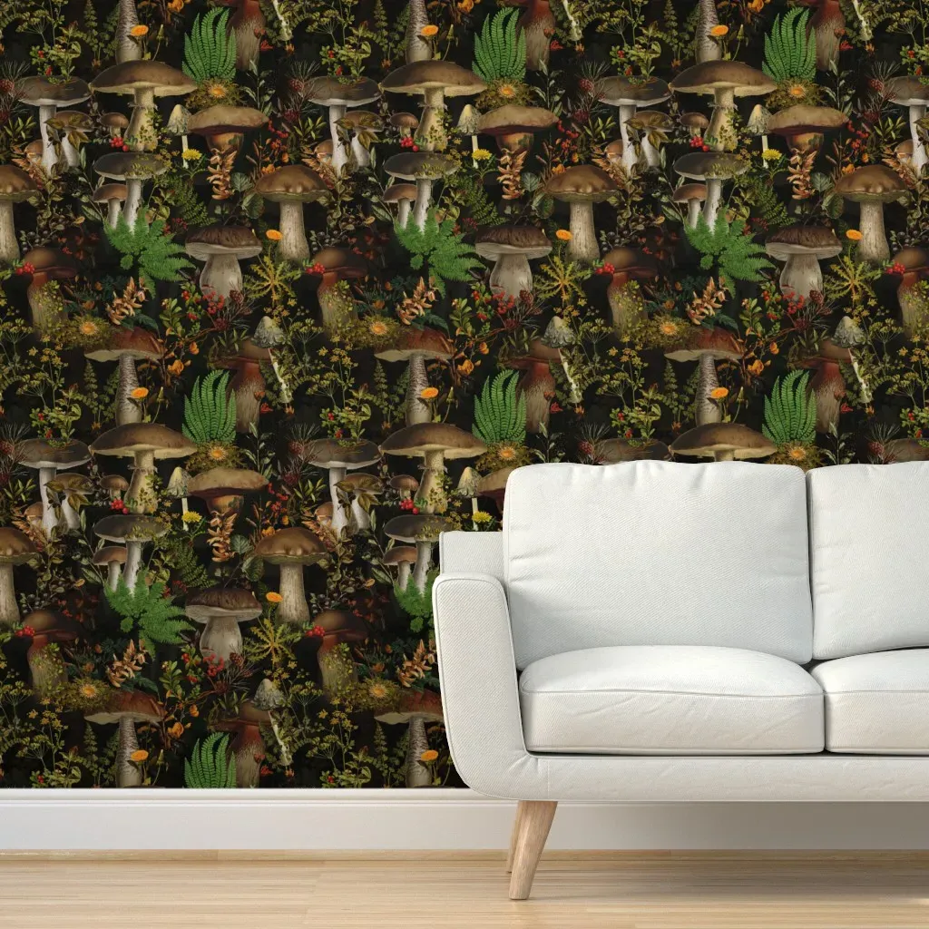 Psychedelic Mushrooms Moody Florals Peel and Stick Wallpaper - Dark Brown product