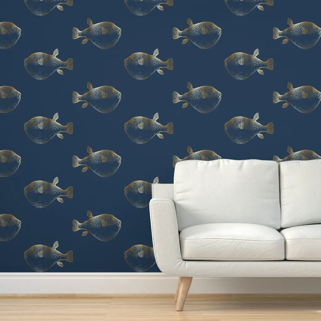Puffer Fish Peel and Stick Wallpaper - Navy, Gold product