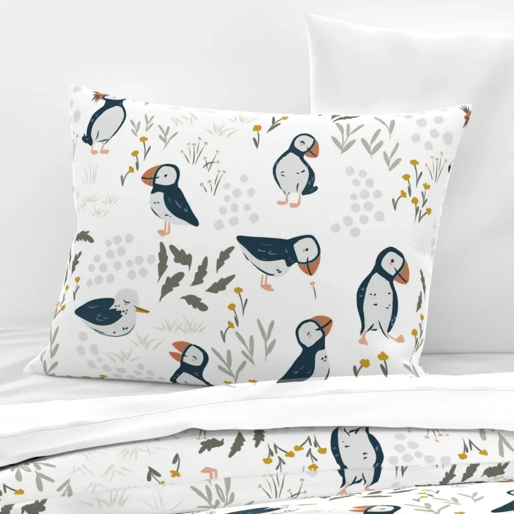 Puffin Birds Floral Standard Knife Edge Cushion Cover - White, Cotton Sateen product