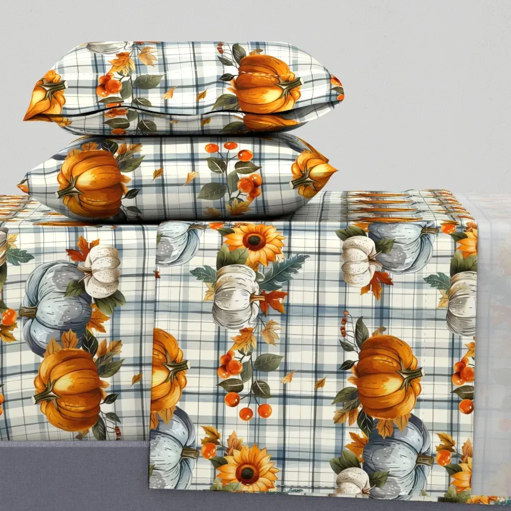 Pumpkins & Flowers On Plaid King Size Sheet Set - Orange product