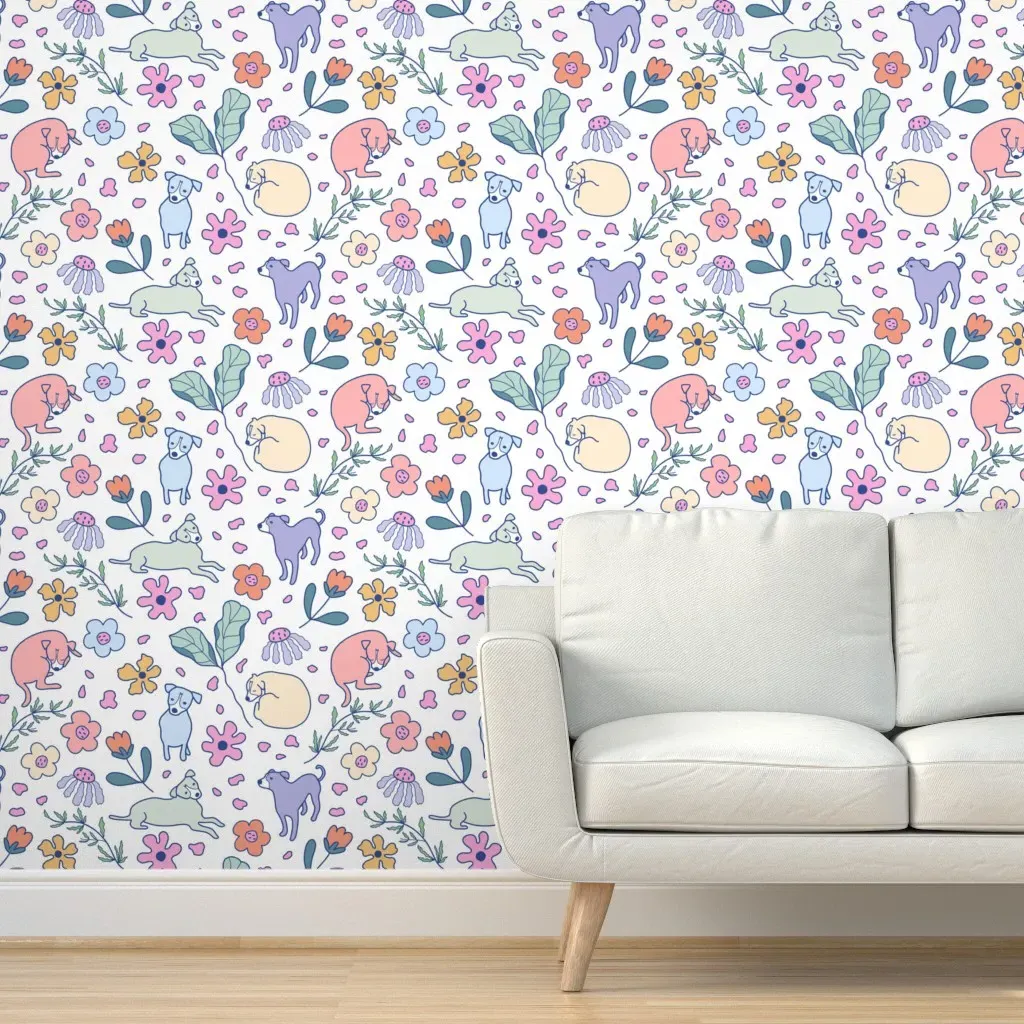 Puppies In The Garden Peel and Stick Wallpaper - Pastel Pink product