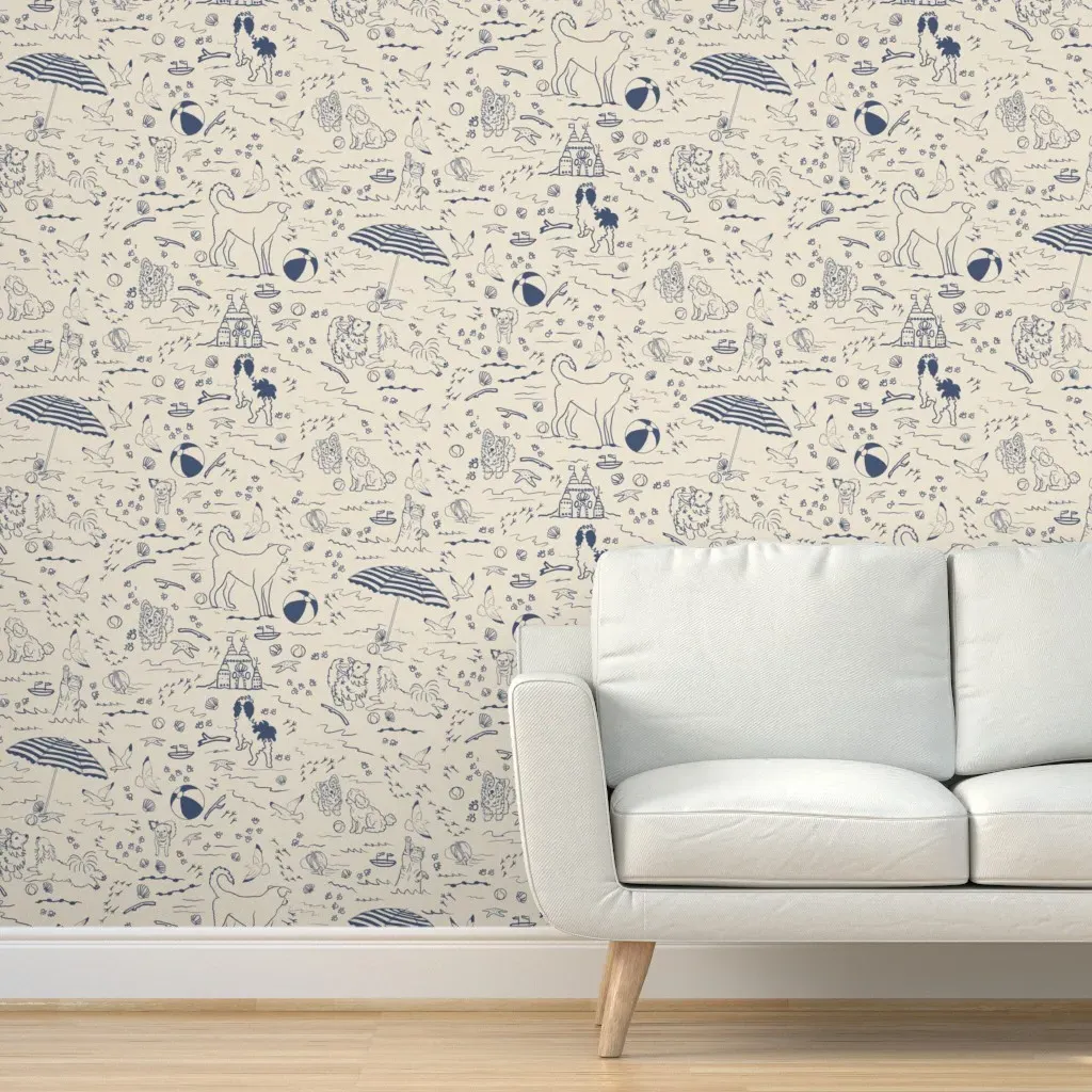 Puppies Playing At The Beach Peel and Stick Wallpaper - Navy Blue product