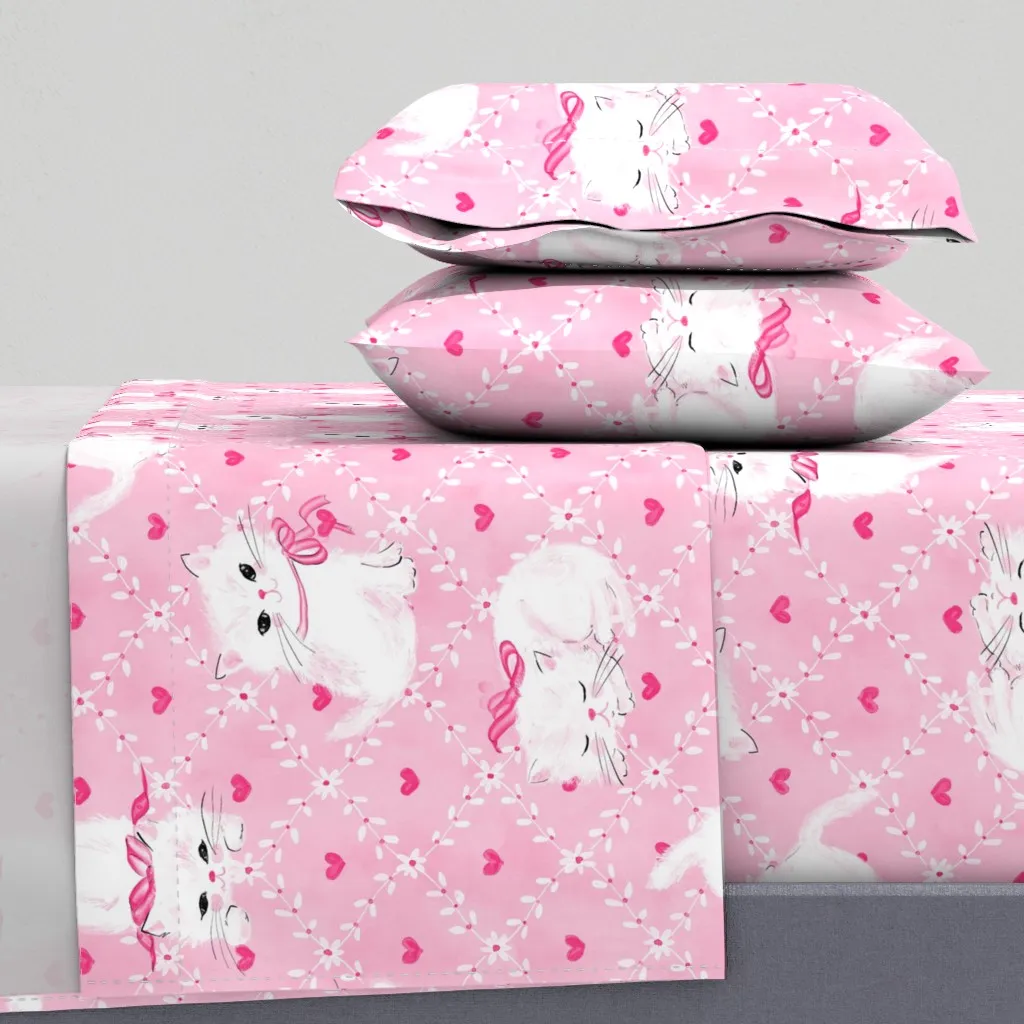 Purrsians White Kittens on Pink with Hearts Full Sheet Set product