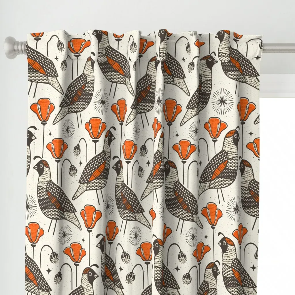 Quail In A Poppy Field Curtain Panel - Orange alternate view
