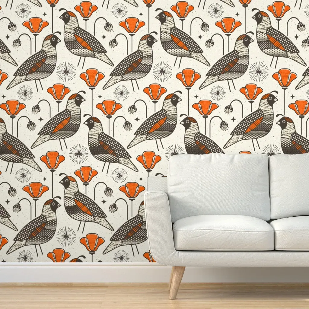 Quail In A Poppy Field Peel and Stick Wallpaper - Orange product