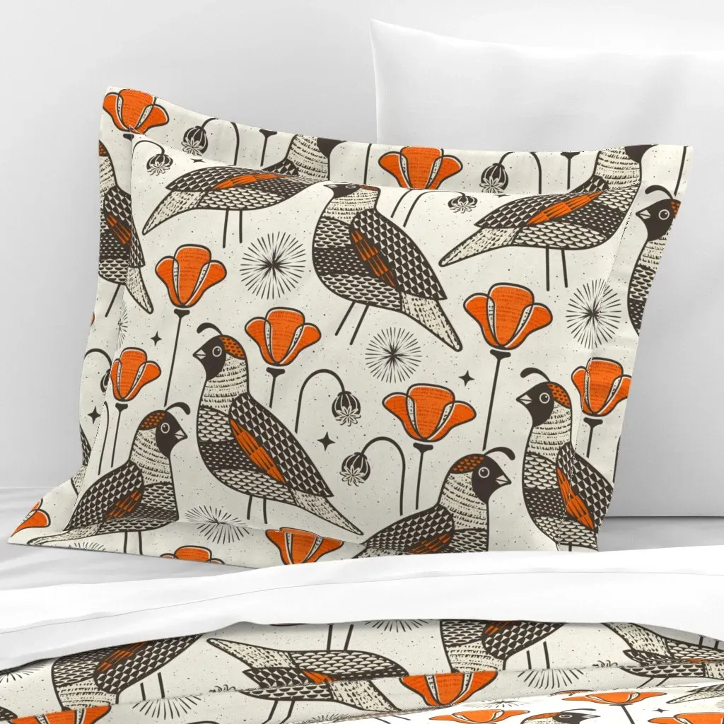 Quail In A Poppy Field Standard Flanged Cushion Cover - Orange, Cotton Sateen product