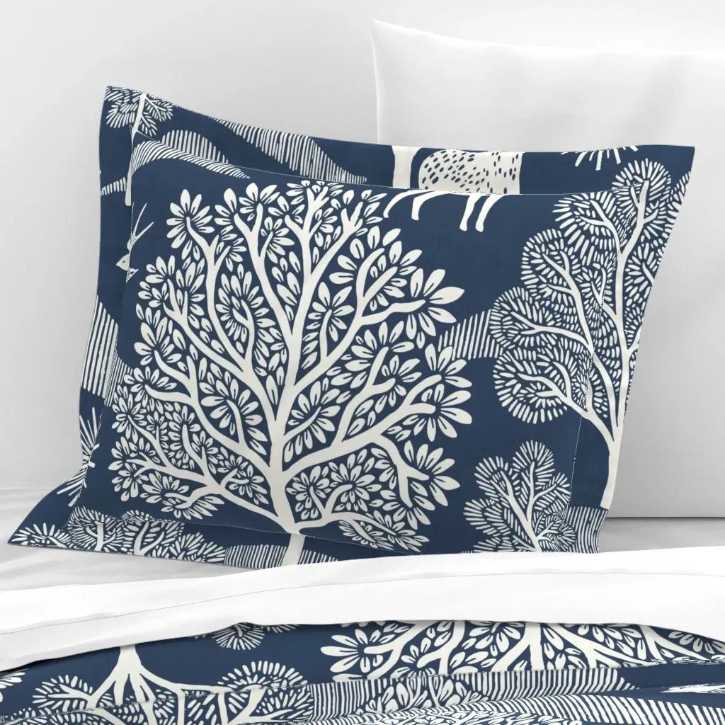 Quiet Forest Cream on Navy Blue Standard Flanged Cushion Cover - White, Cotton Sateen product