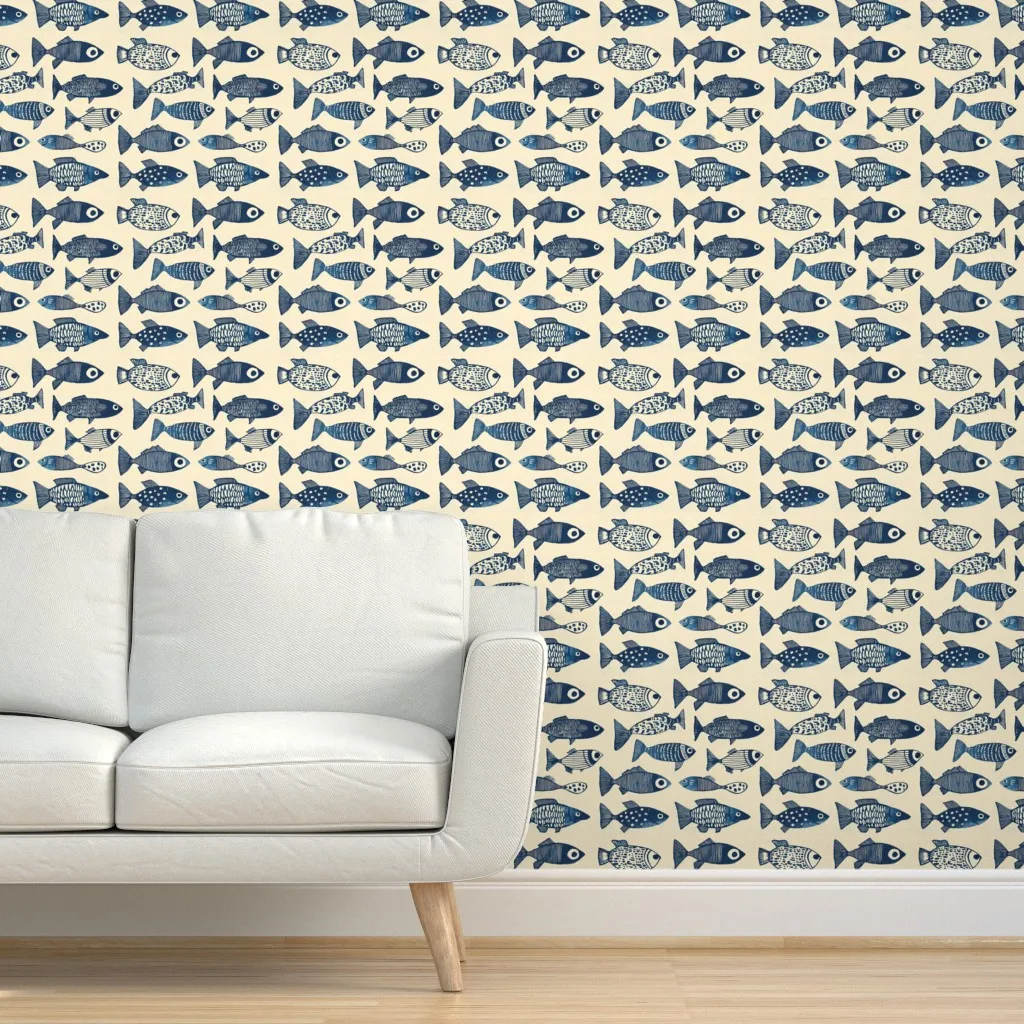 Quirky Fish Peel and Stick Wallpaper - Indigo, Cream product