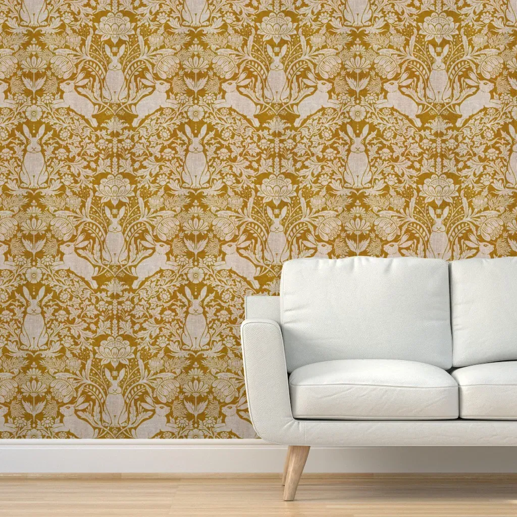 Rabbit Damask Peel and Stick Wallpaper - Gold, Linen product