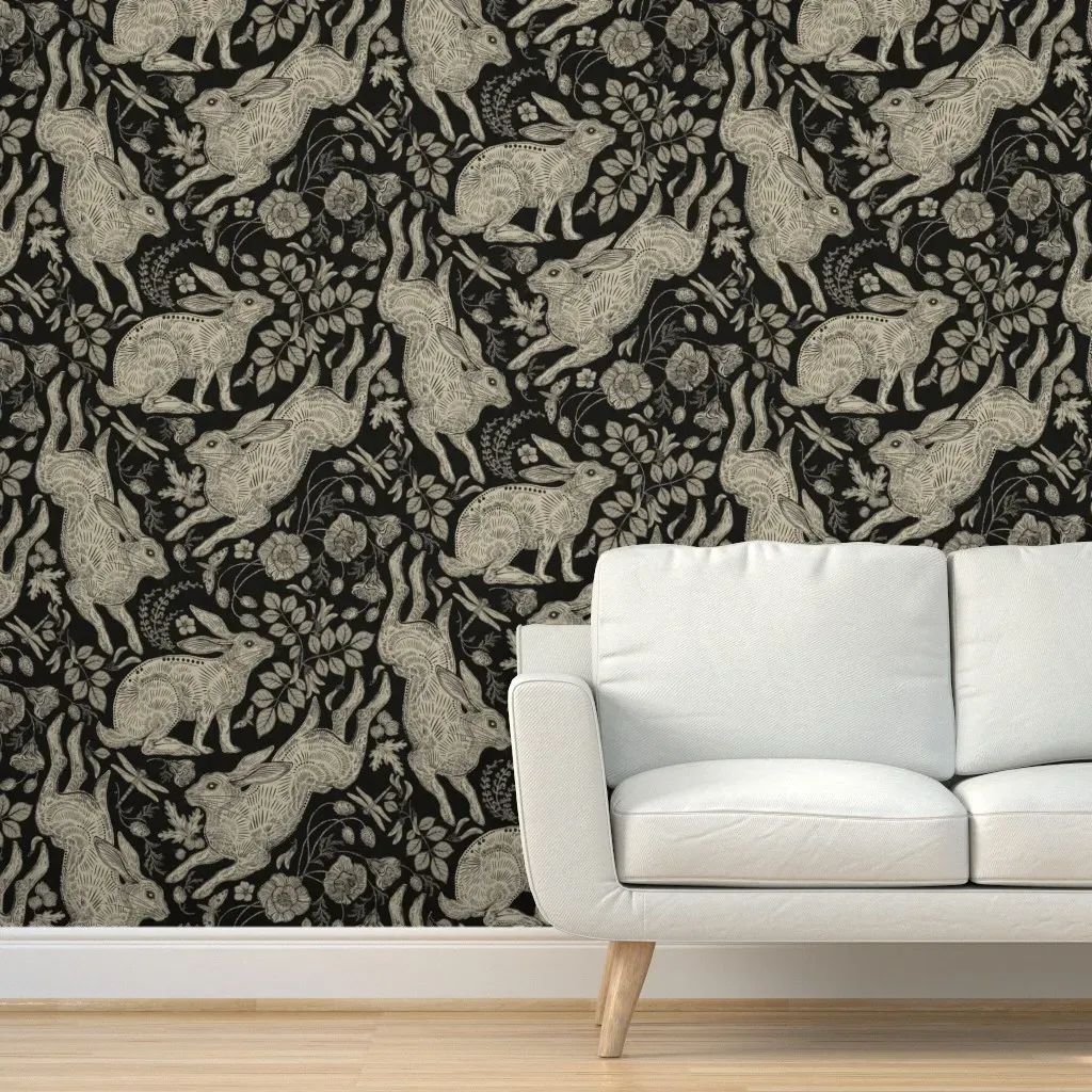 Rabbit on Black Linen Peel and Stick Wallpaper - Beige product
