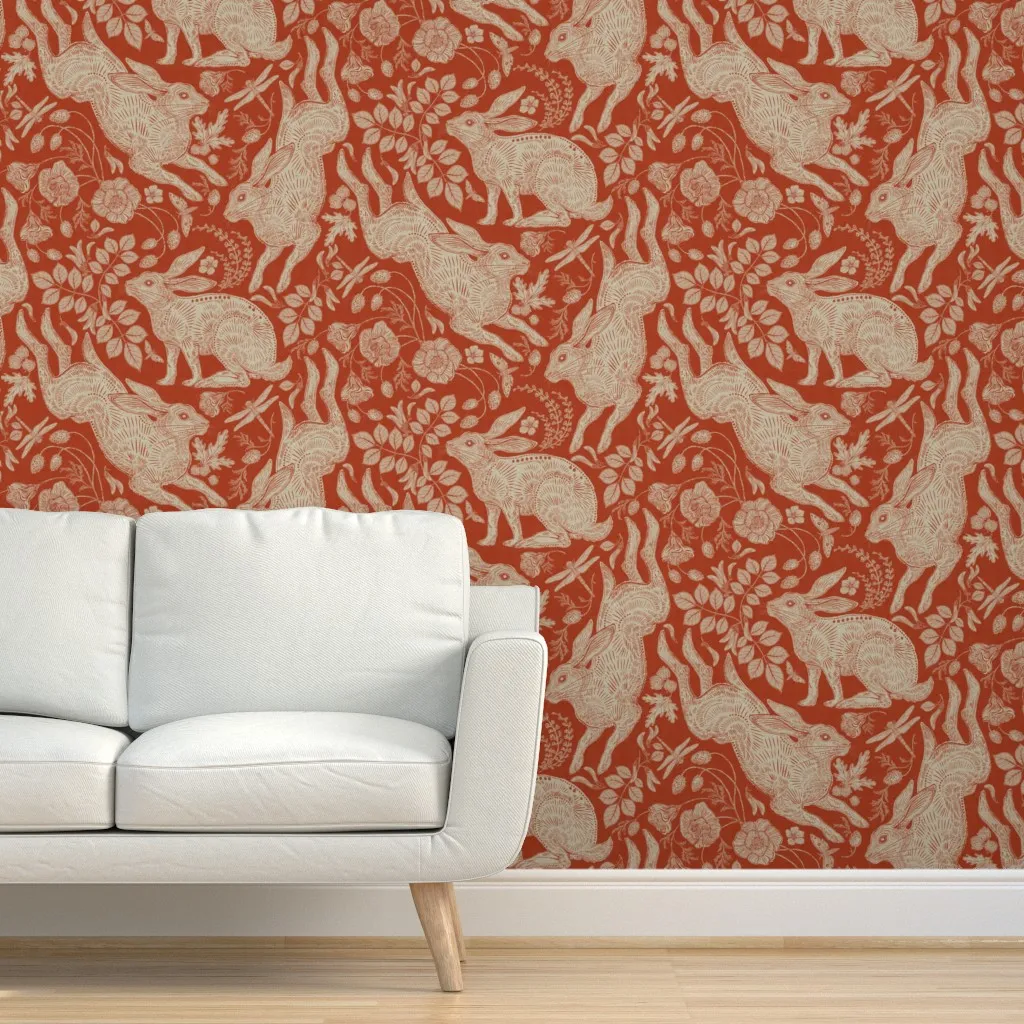 Rabbit on Cayenne Red Linen Peel and Stick Wallpaper - Beige product