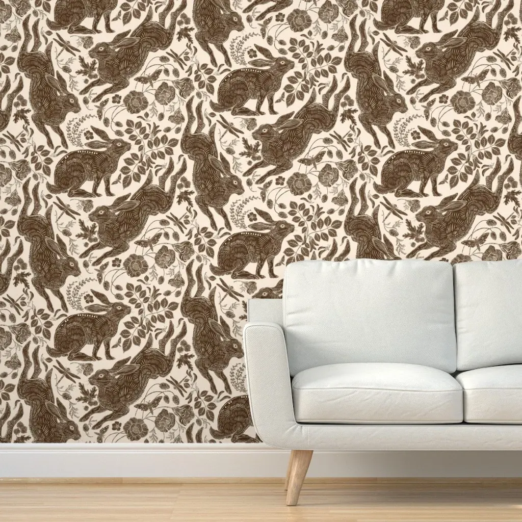 Rabbit On Linen Peel and Stick Wallpaper - Brown, Cream product
