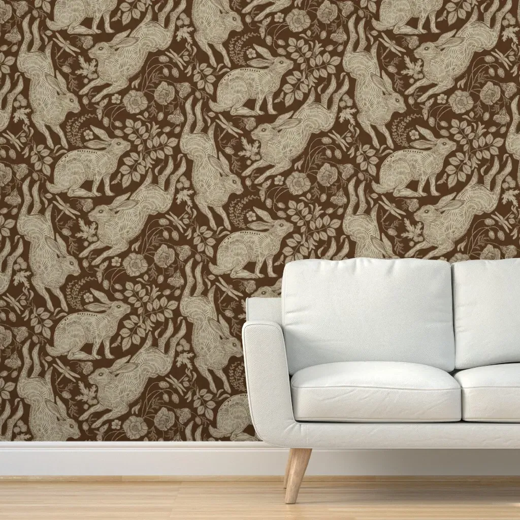 Rabbit on Linen Peel and Stick Wallpaper - Chocolate Brown product