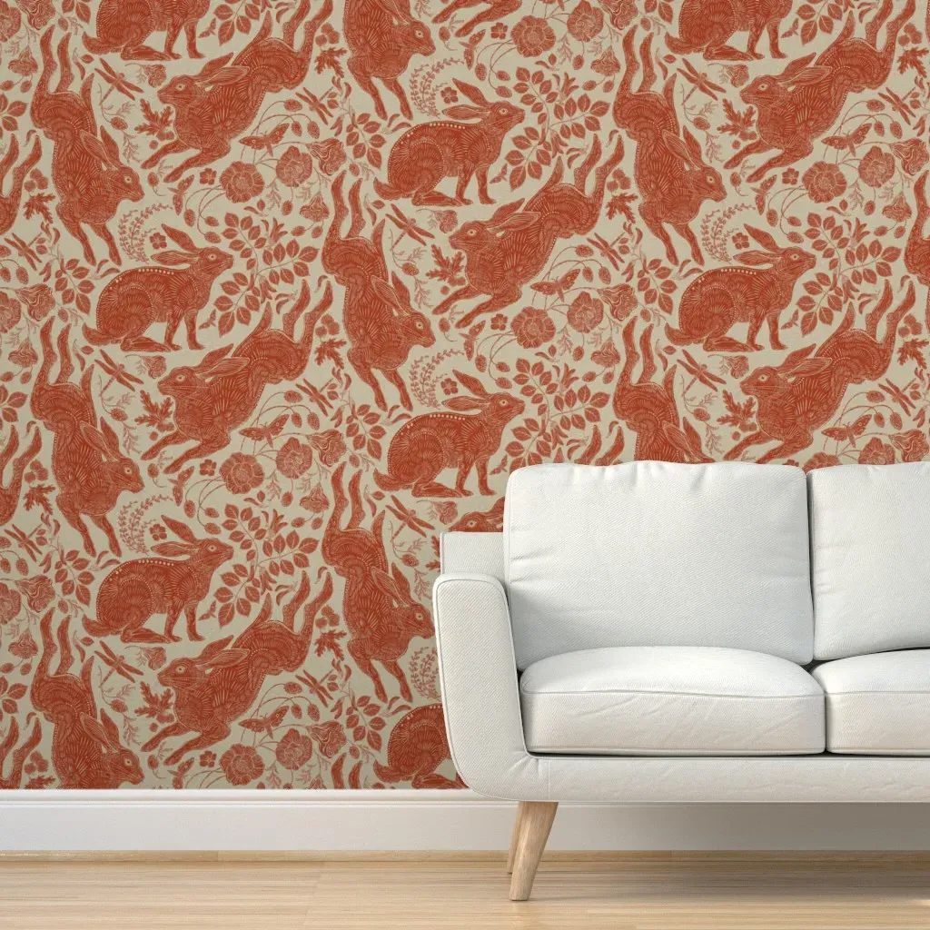 Rabbit On Linen Peel and Stick Wallpaper - Terracotta product