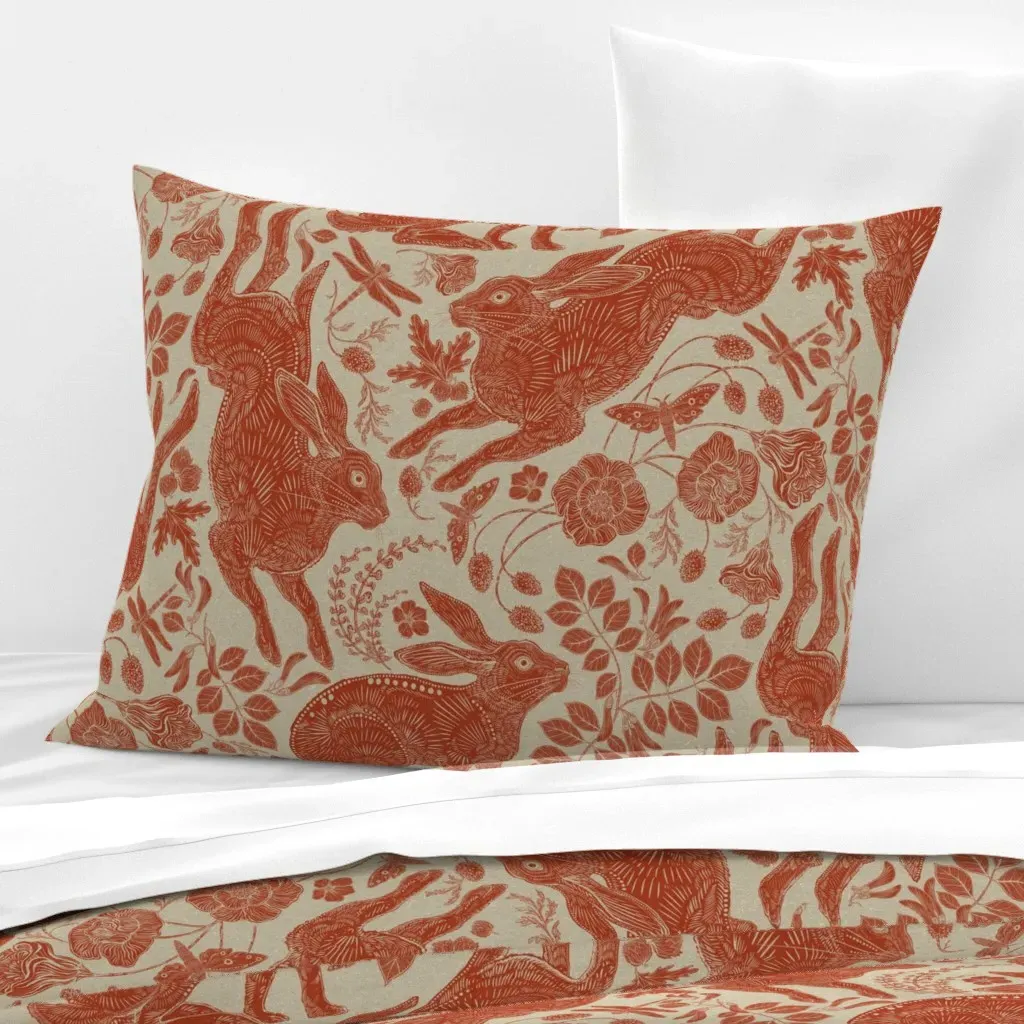 Rabbit On Linen Standard Knife Edge Cushion Cover - Terracotta, Cotton Sateen product