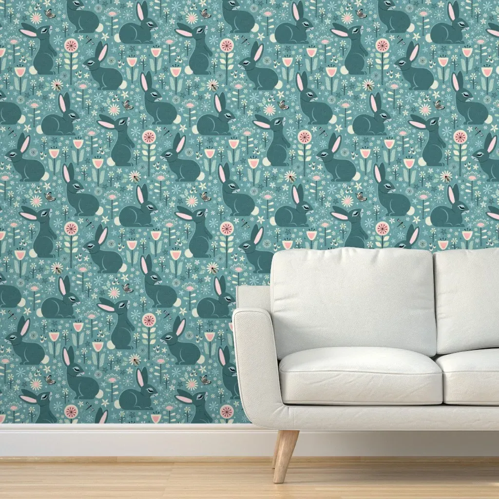 Rabbits and Wildflowers Peel and Stick Wallpaper - Teal product