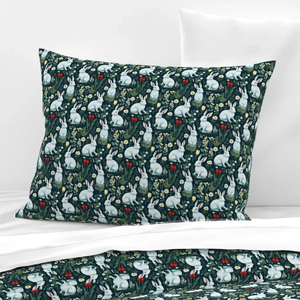 Rabbits In A Meadow Standard Knife Edge Cushion - White, Cotton Sateen product
