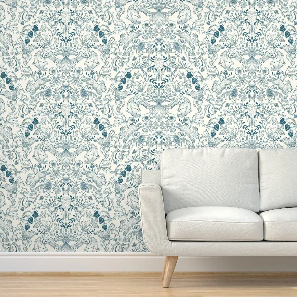 Rabbits In The Hedgerow Peel and Stick Wallpaper - Teal product