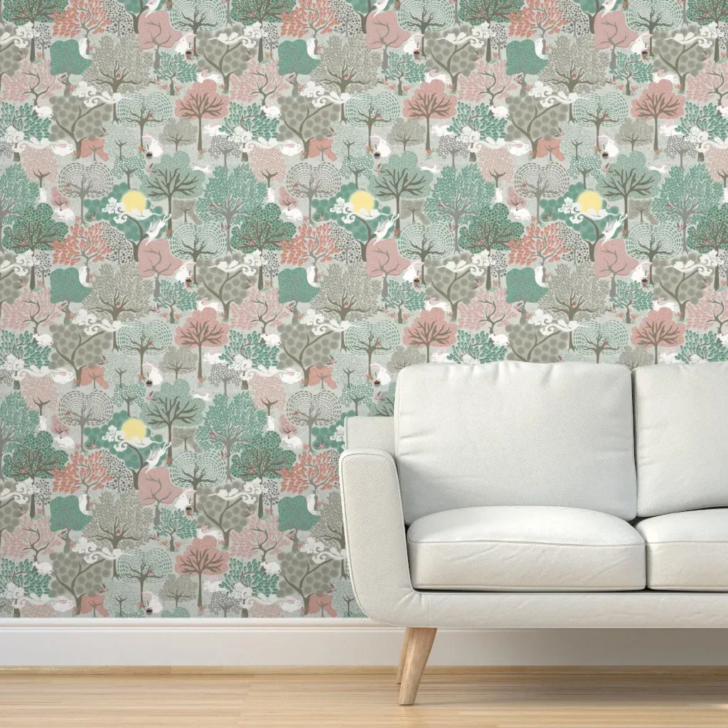 Rabbits In The Woods Peel and Stick Wallpaper - Light Grey-Green product