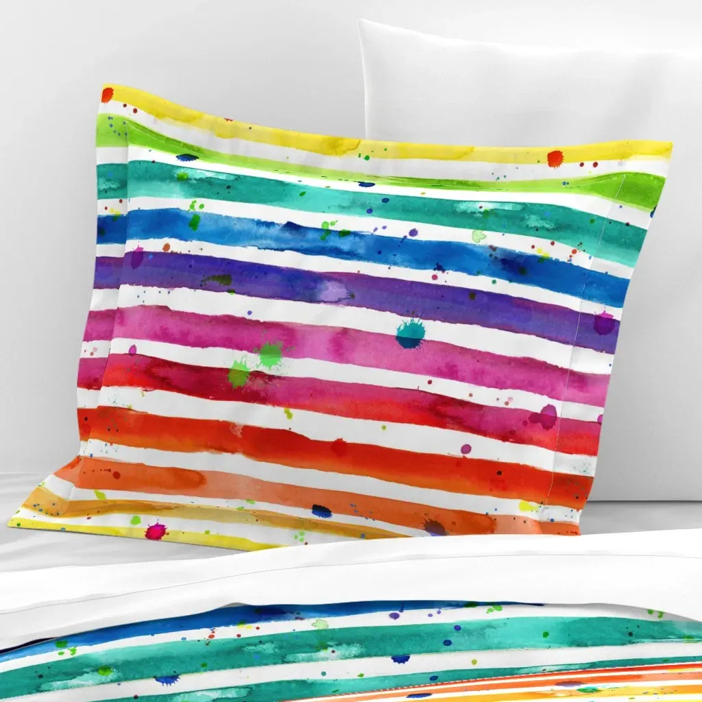Rainbow Stripe Watercolor Standard Flanged Pillowcase - Red, Cotton product