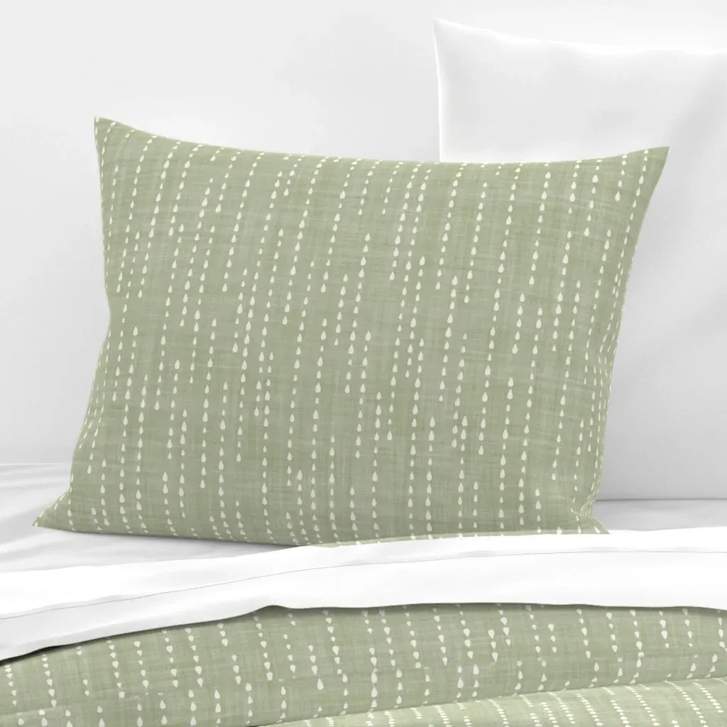 Raindrops On Sage Green Standard Knife Edge Cushion - White, Cotton product