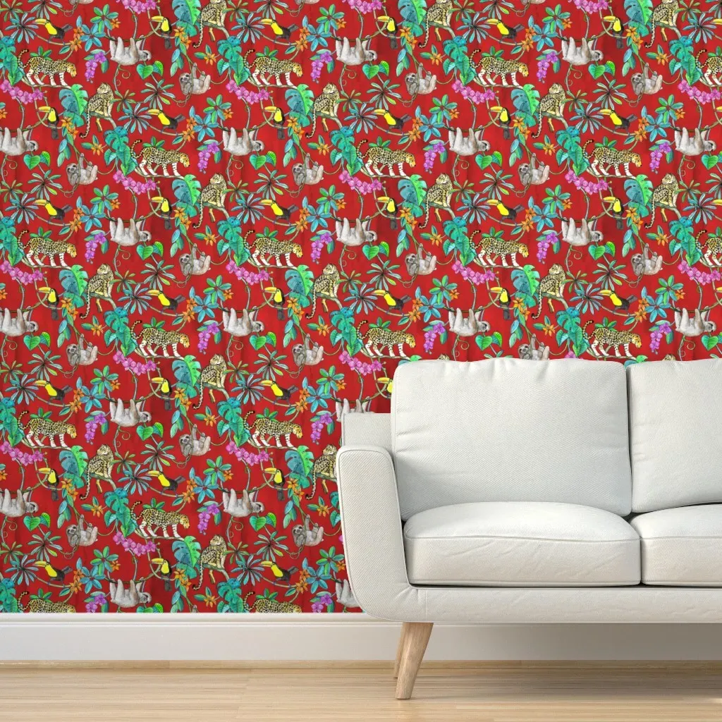 Rainforest Friends Peel and Stick Wallpaper - Red, Watercolor product